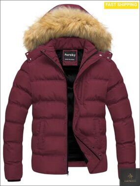 Men's Puffer Jacket Waterproof Winter Bubble Coat Ski Parka Fur Hooded